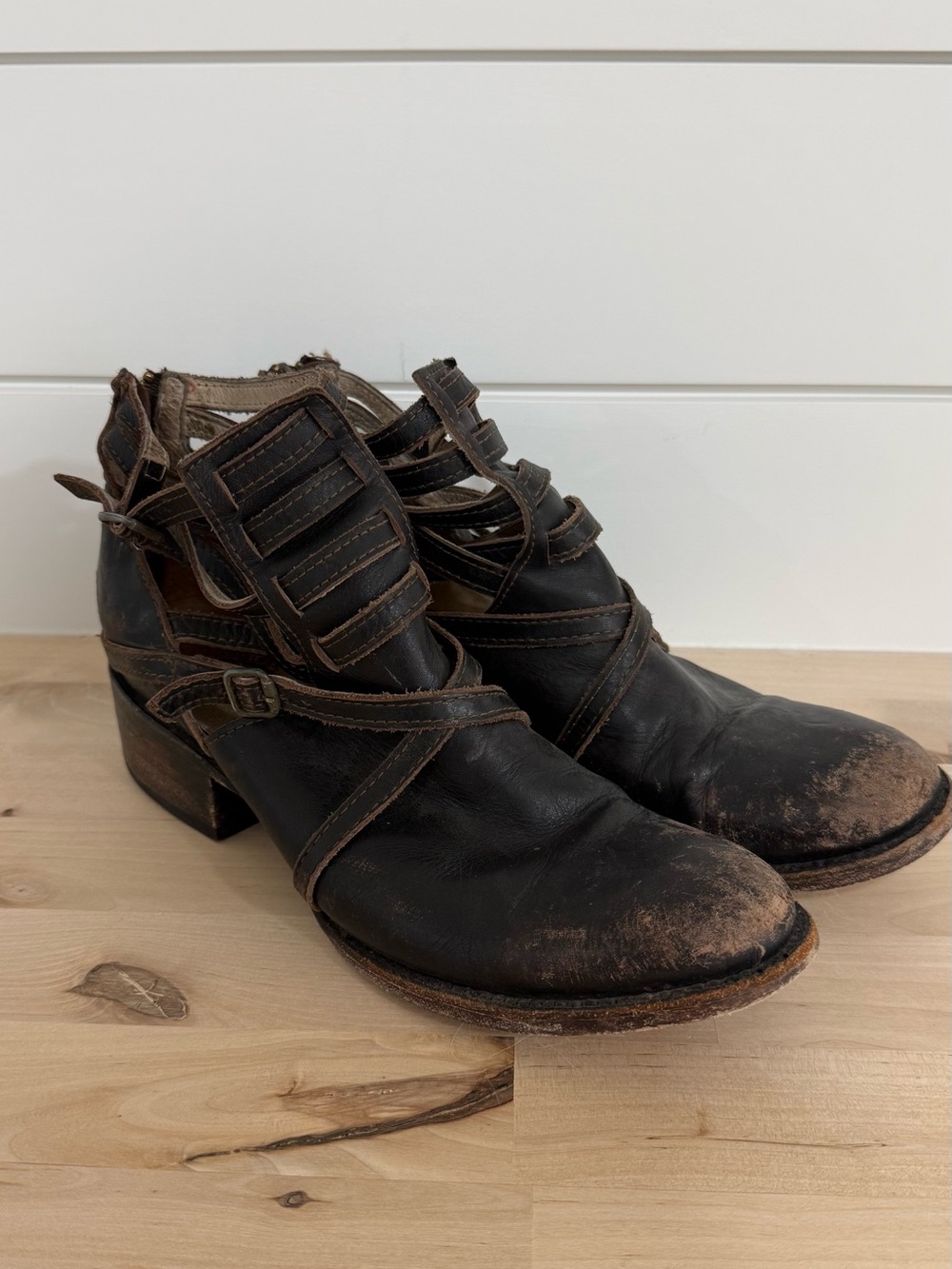 Freebird by Steven - Stair - Black Leather Strappy Ankle Boots